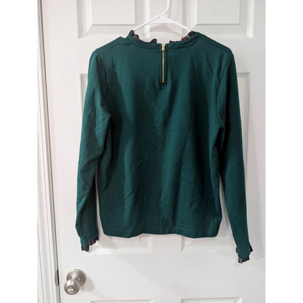 J. Crew, Wmns M Tartan Ruffle-Collar Pullover Blouse, Green, Crew Neck, Holiday - Picture 3 of 6